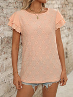 Eyelet Round Neck Double Layered Ruffled Short Sleeve Top