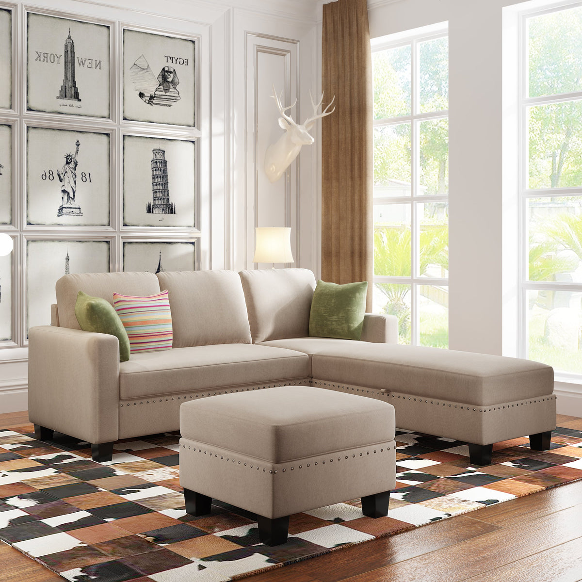 [New] [VIDEO provided] 81.1*76.3*35" Reversible Sectional Couch with Storage Ottoman L-Shaped Sofa Warm Grey