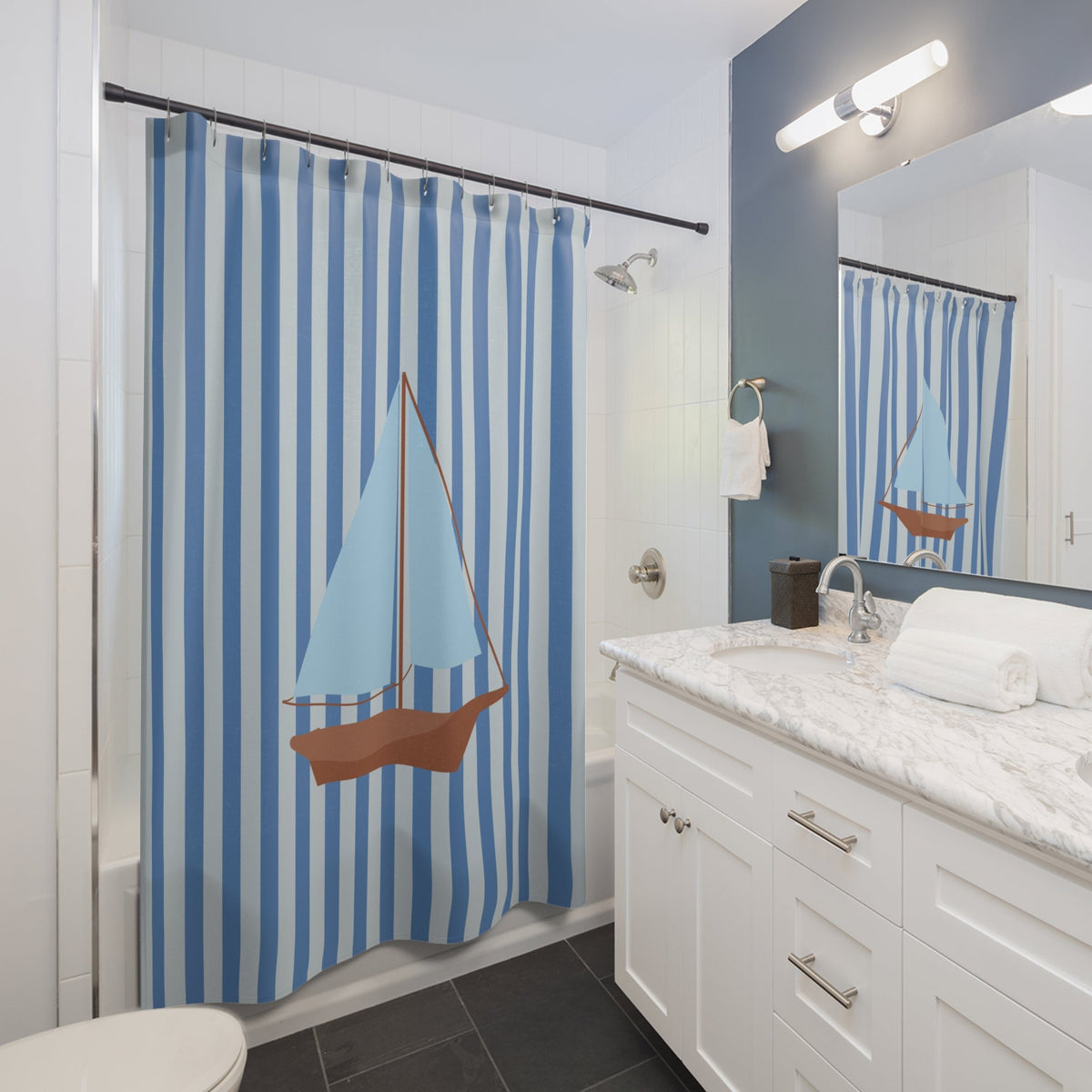 Nautical Blue Striped Shower Curtain with Vintage Sailboat — Coastal Bathroom Decor