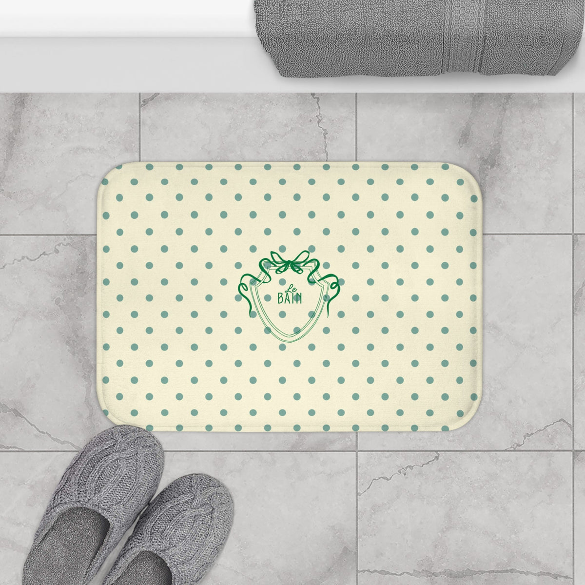 Polka Dot "Le Bain" Bath Mat — Cream & Sage Green Bathroom Rug