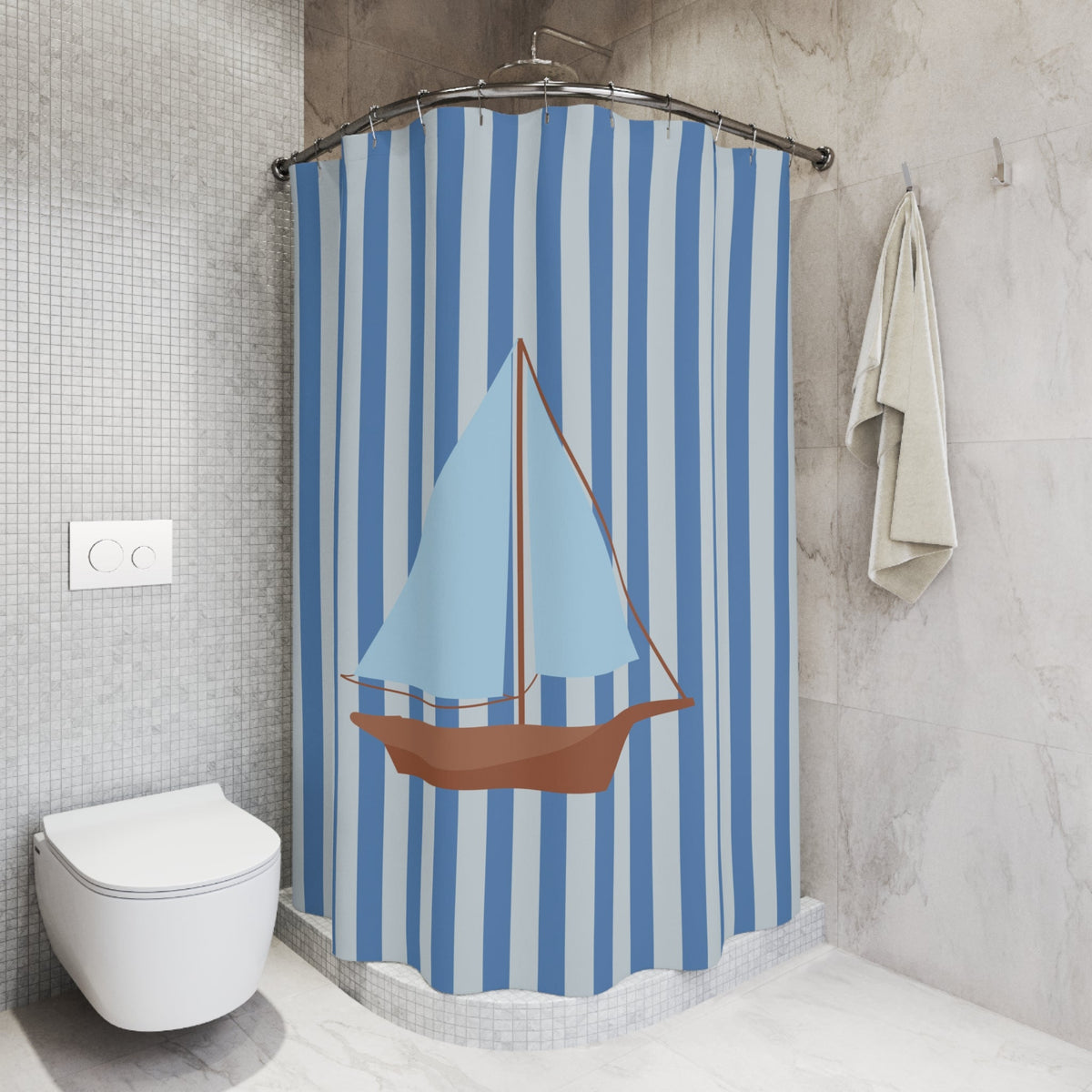 Nautical Blue Striped Shower Curtain with Vintage Sailboat — Coastal Bathroom Decor