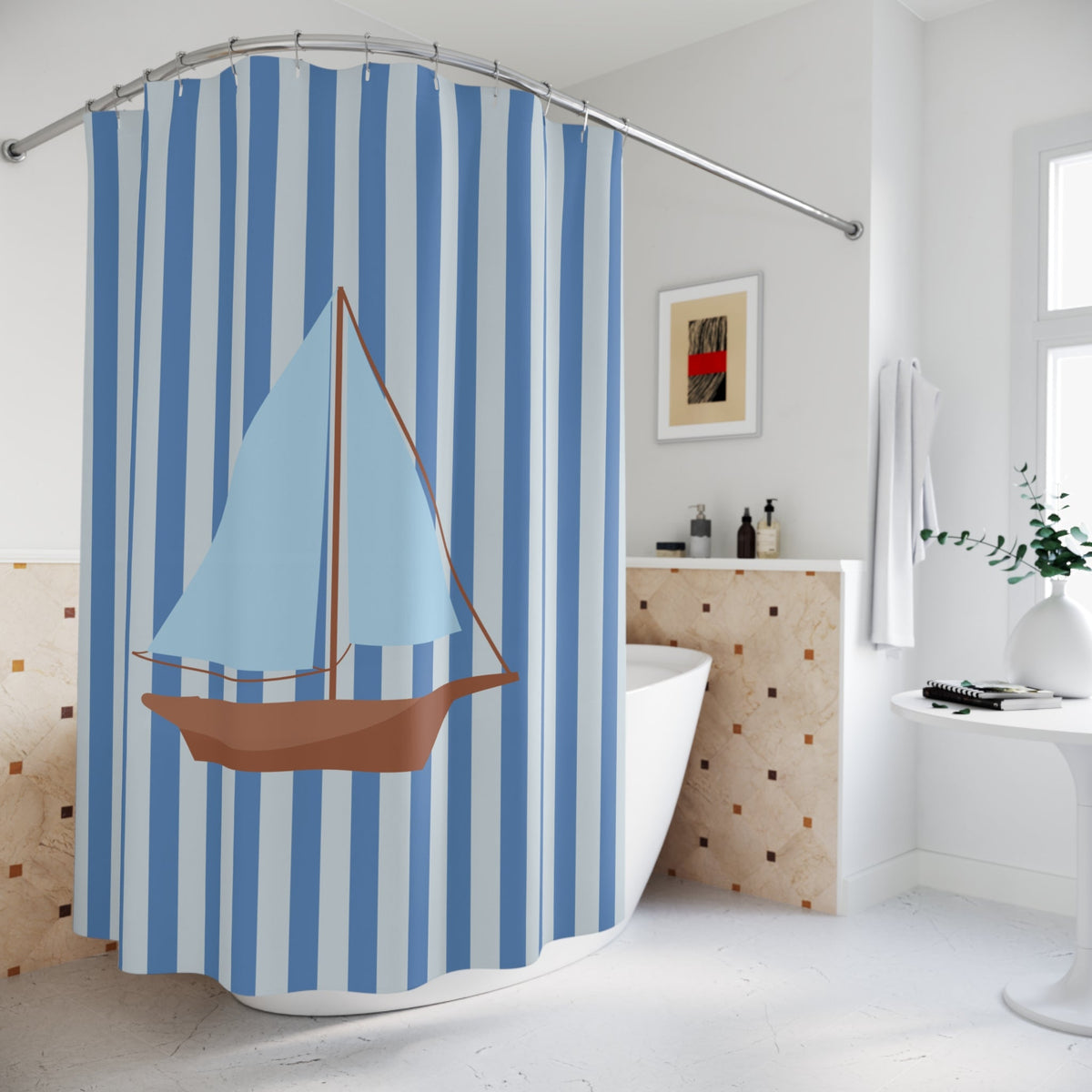 Nautical Blue Striped Shower Curtain with Vintage Sailboat — Coastal Bathroom Decor
