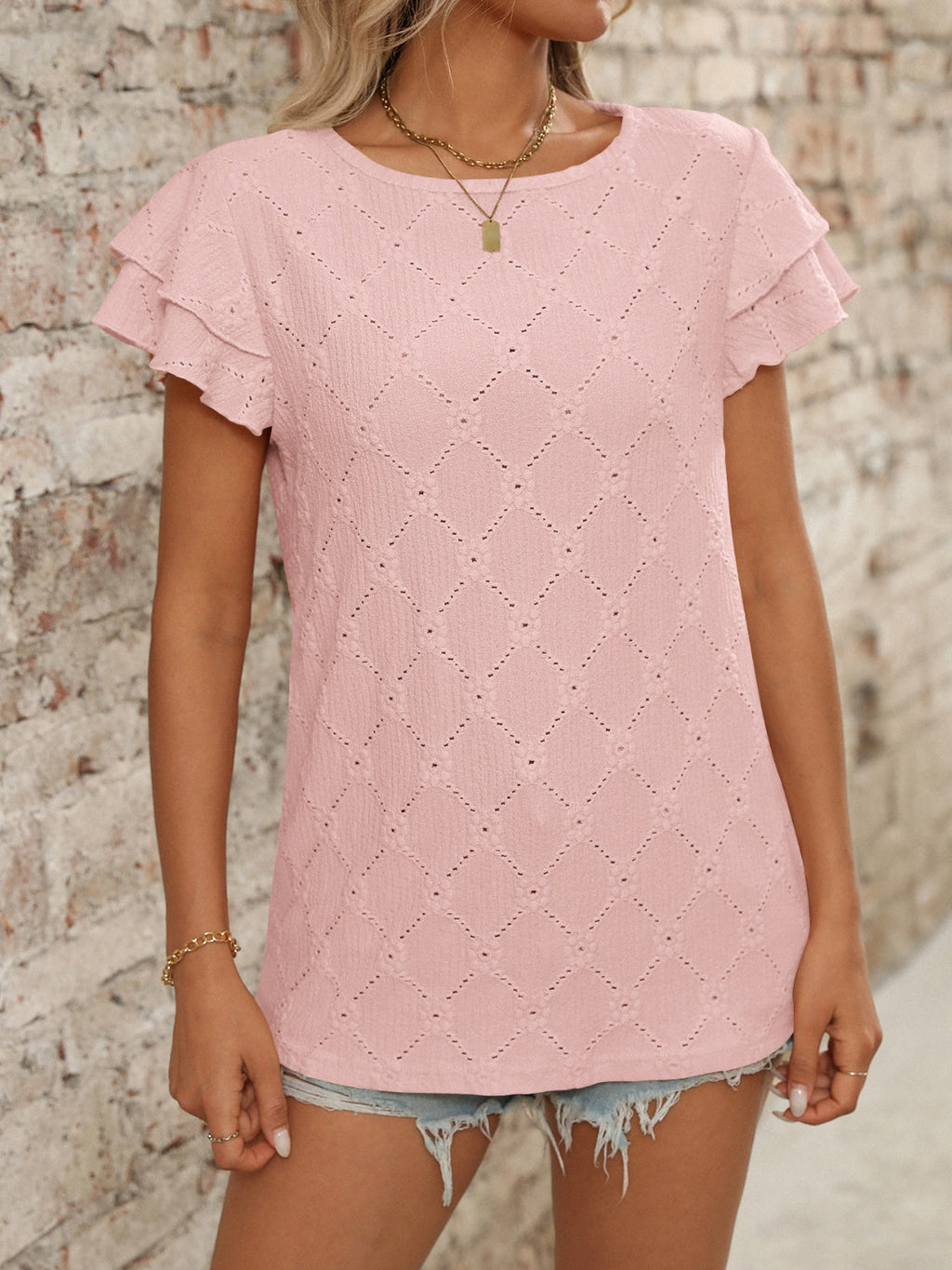 Eyelet Round Neck Double Layered Ruffled Short Sleeve Top