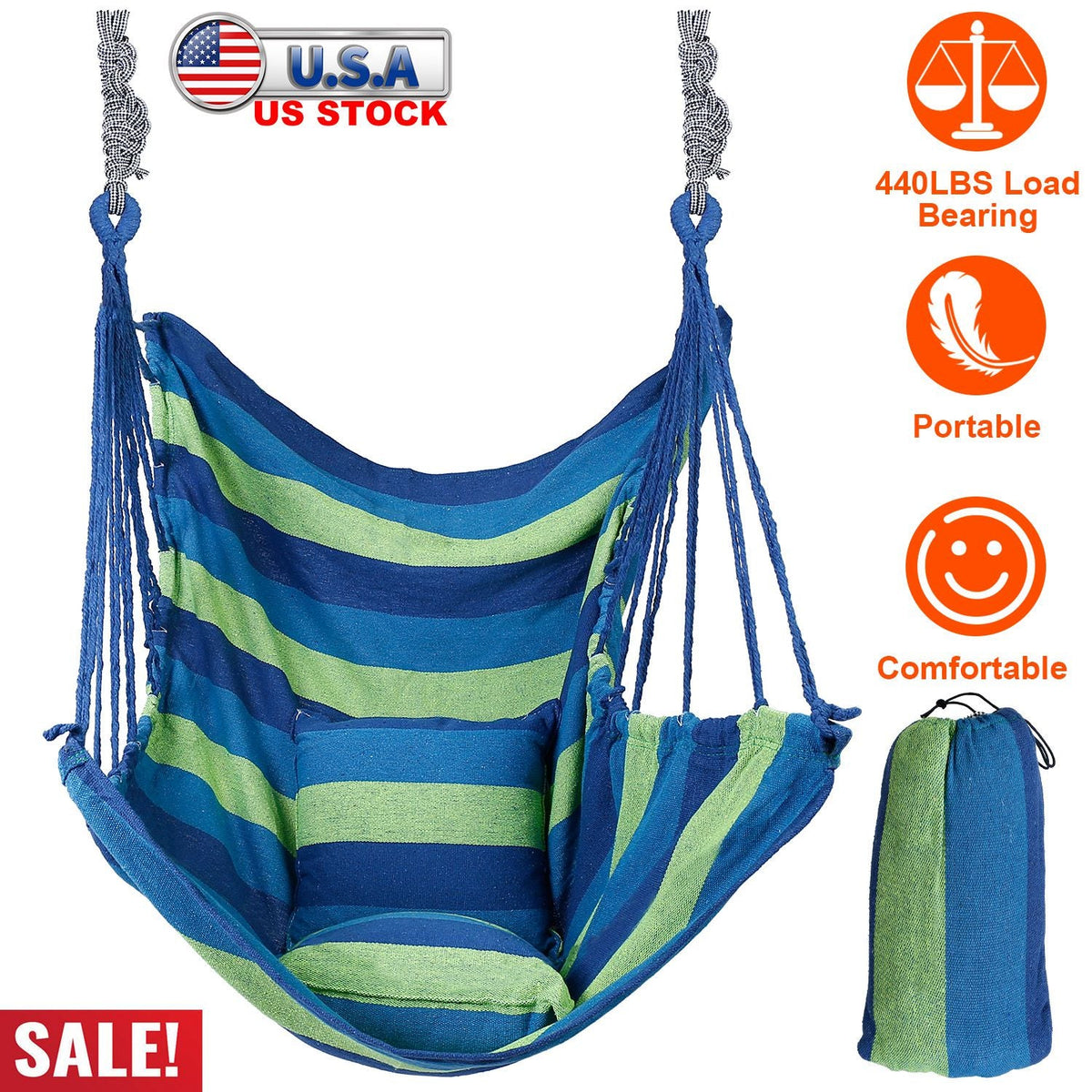 440LBS Hammock Hanging Chair Canvas Porch Patio Swing Seat Portable Camping Rope Seat w/ 2Pillows