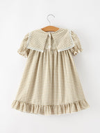 Fall Girls Khaki Plaid Floral Embroidered Dress