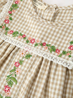 Fall Girls Khaki Plaid Floral Embroidered Dress