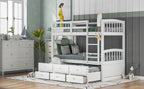 Twin over Twin Wood Bunk Bed with Trundle and Drawers White