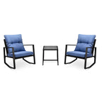 3 Pieces Patio Bistro Set Outdoor Rocking Chair with Blue Cushion for Yard Garden Poolside