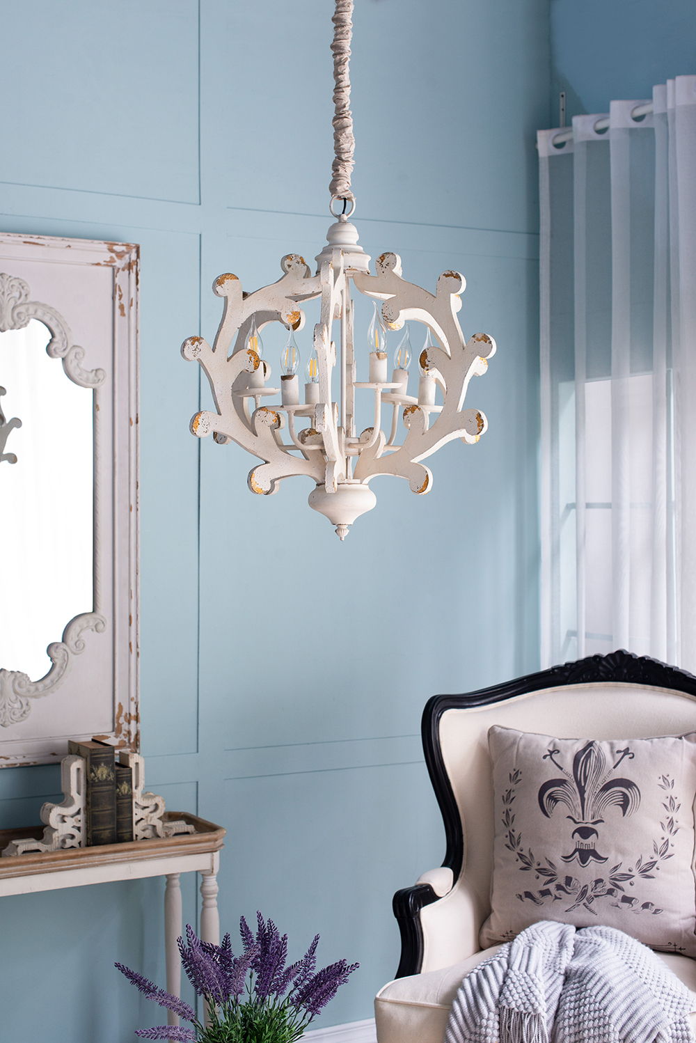 6 Light Chandelier, Hanging Light Fixture With Adjustable Chain For Kitchen, Bulb Not Included - White