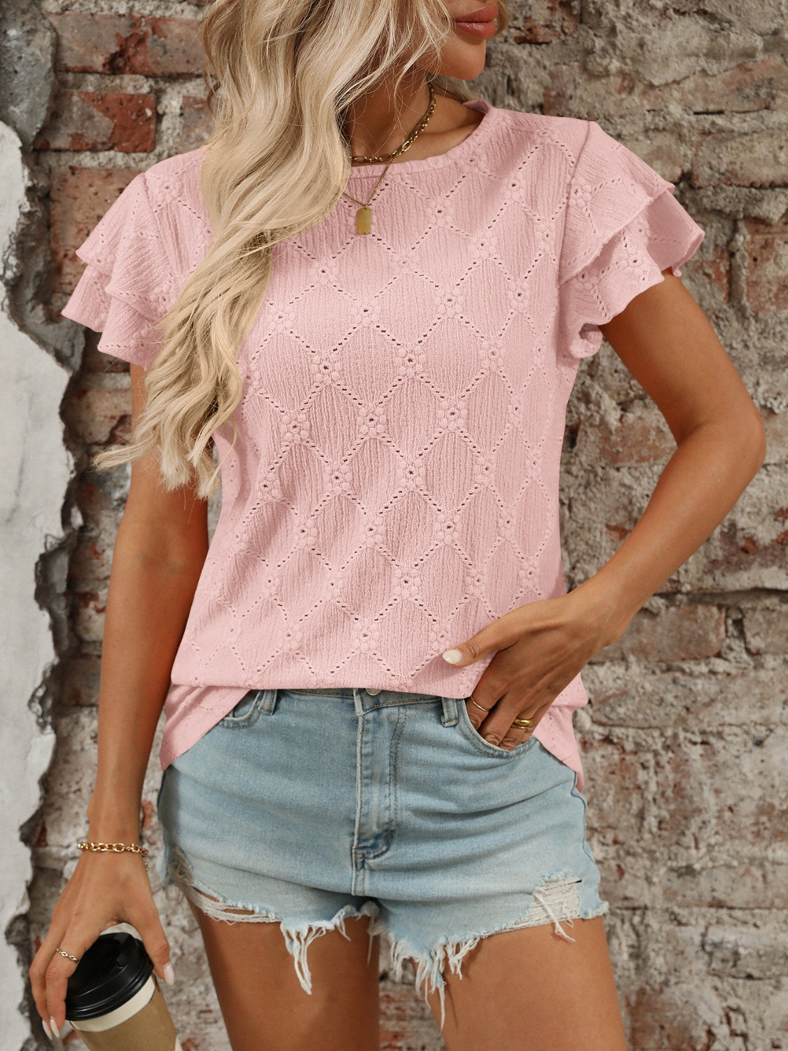 Eyelet Round Neck Double Layered Ruffled Short Sleeve Top