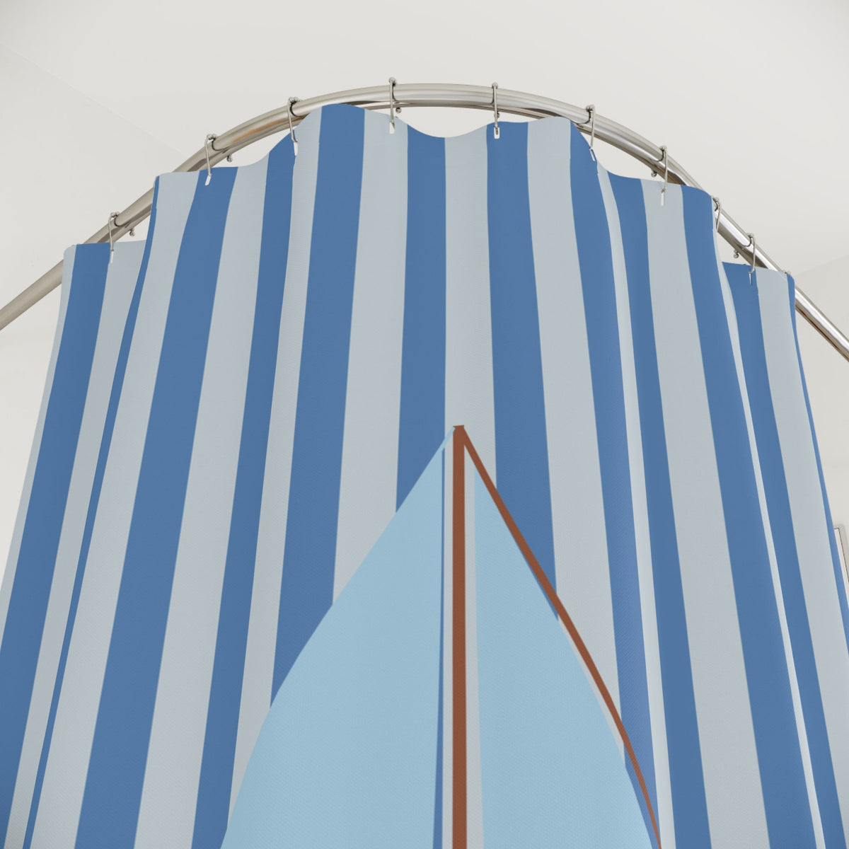 Nautical Blue Striped Shower Curtain with Vintage Sailboat — Coastal Bathroom Decor