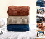 Fennco Styles Textured Knit Solid Fringe Throw Blanket 50" W x 60" L - Navy Blue Waffle Pattern Light Weight Blanket for Sofa, Couch, Living Room and Bedroom Décor