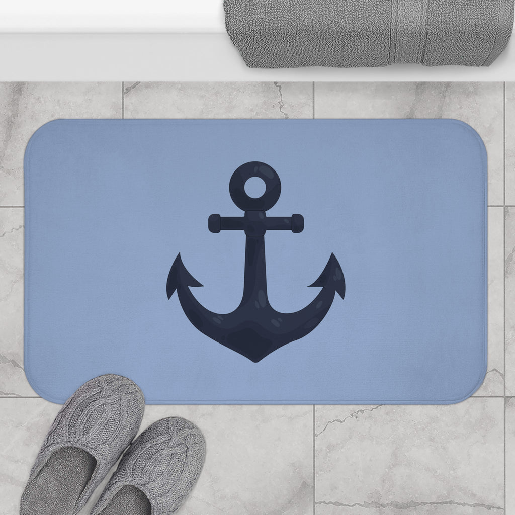 Nautical Anchor Bath Mat — Coastal Slate Blue Bathroom Rug