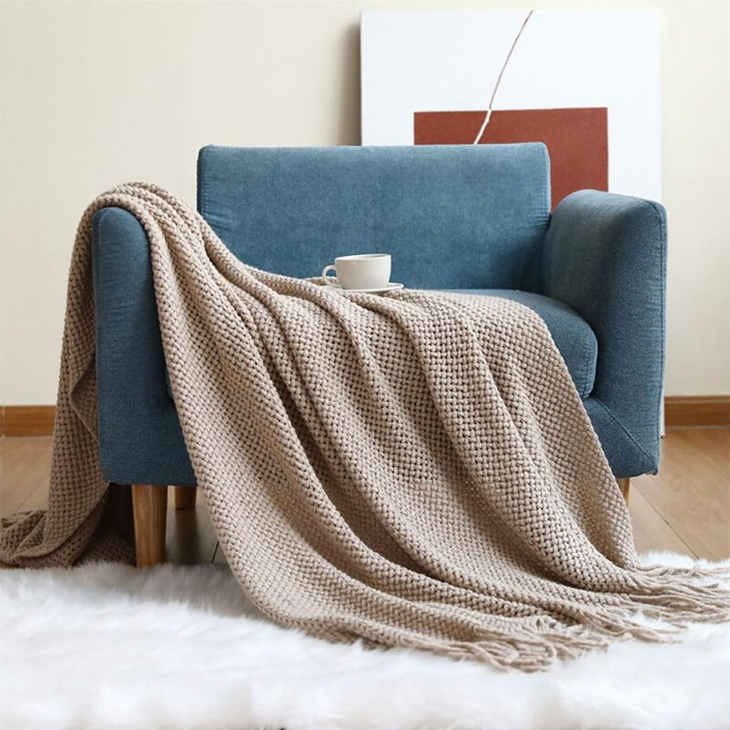 Fennco Styles Textured Knit Solid Fringe Throw Blanket 50" W x 60" L - Navy Blue Waffle Pattern Light Weight Blanket for Sofa, Couch, Living Room and Bedroom Décor