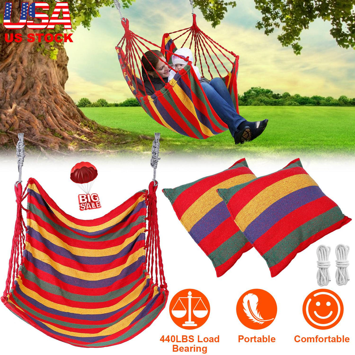 440LBS Hammock Hanging Chair Canvas Porch Patio Swing Seat Portable Camping Rope Seat w/ 2Pillows