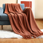 Fennco Styles Textured Knit Solid Fringe Throw Blanket 50" W x 60" L - Navy Blue Waffle Pattern Light Weight Blanket for Sofa, Couch, Living Room and Bedroom Décor