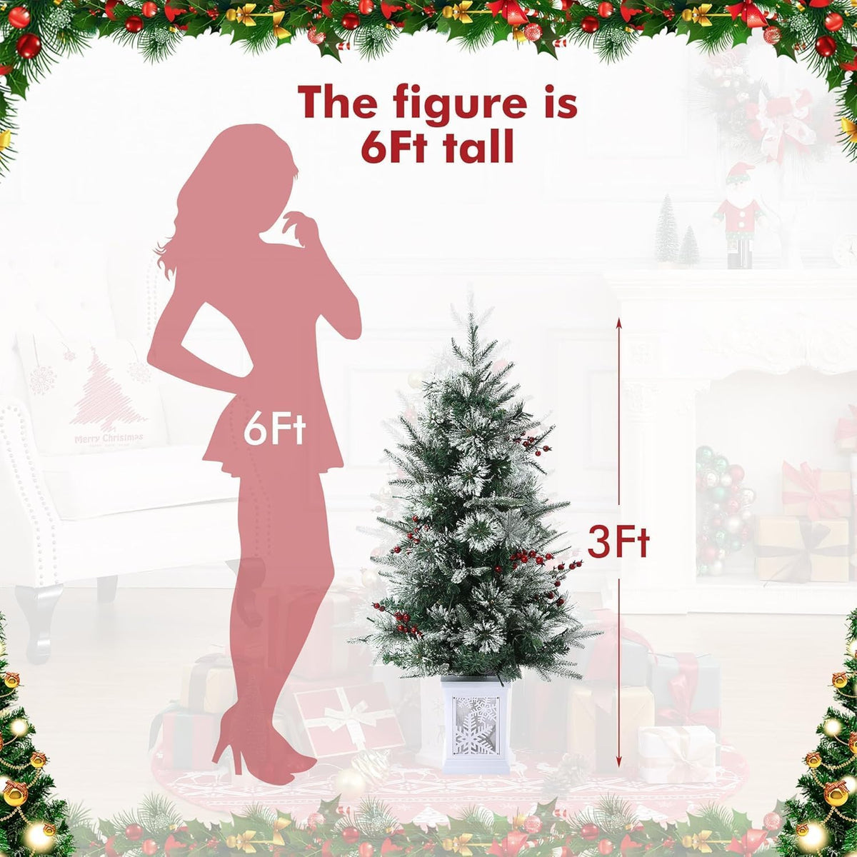 3 Ft Pre-Lit Christmas Tree, Artificial Christmas Trees with Lighting, Xmas Trees with 78 Led Lights, Christmas Decoration for Home, Office, Easy Assembly