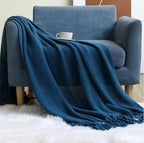 Fennco Styles Textured Knit Solid Fringe Throw Blanket 50" W x 60" L - Navy Blue Waffle Pattern Light Weight Blanket for Sofa, Couch, Living Room and Bedroom Décor