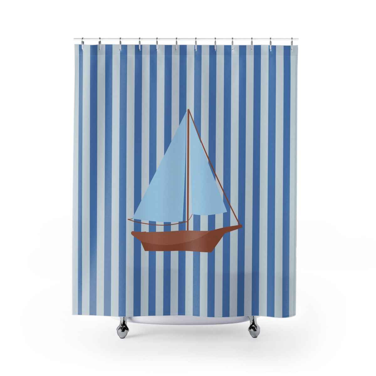 Nautical Blue Striped Shower Curtain with Vintage Sailboat — Coastal Bathroom Decor