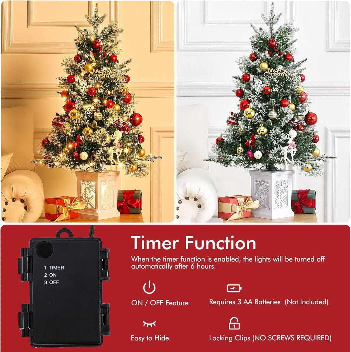 3 Ft Pre-Lit Christmas Tree, Artificial Christmas Trees with Lighting, Xmas Trees with 78 Led Lights, Christmas Decoration for Home, Office, Easy Assembly