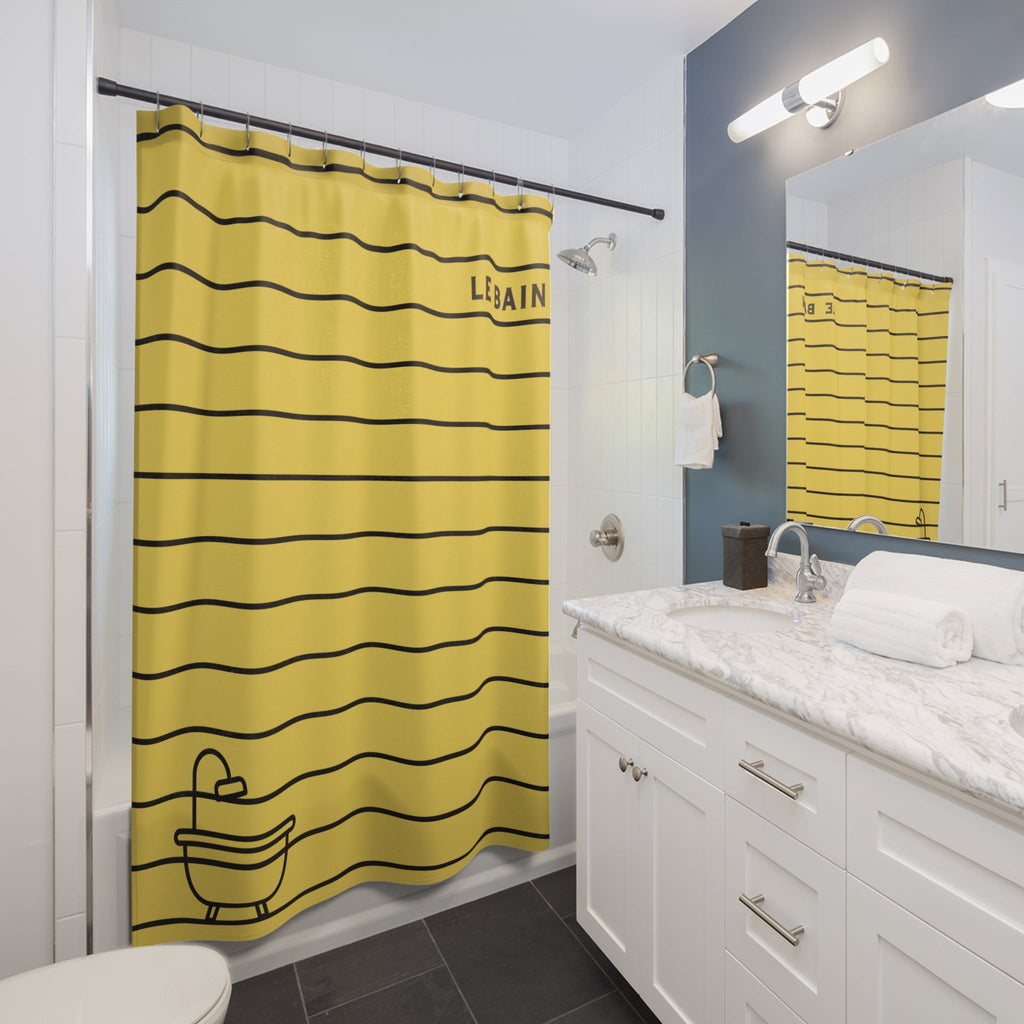 Le Bain Yellow Striped Shower Curtain — Minimalist French Bath Decor