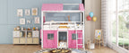Twin Size Bunk Wood House Bed with Elegant Windows, Sills and Tent, Pink+White