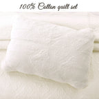 Serenity Ivory Victorian Scalloped Medallion Floral Pure Solid Cotton Reversible Quilt  Bedding Set