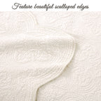 Serenity Ivory Victorian Scalloped Medallion Floral Pure Solid Cotton Reversible Quilt  Bedding Set