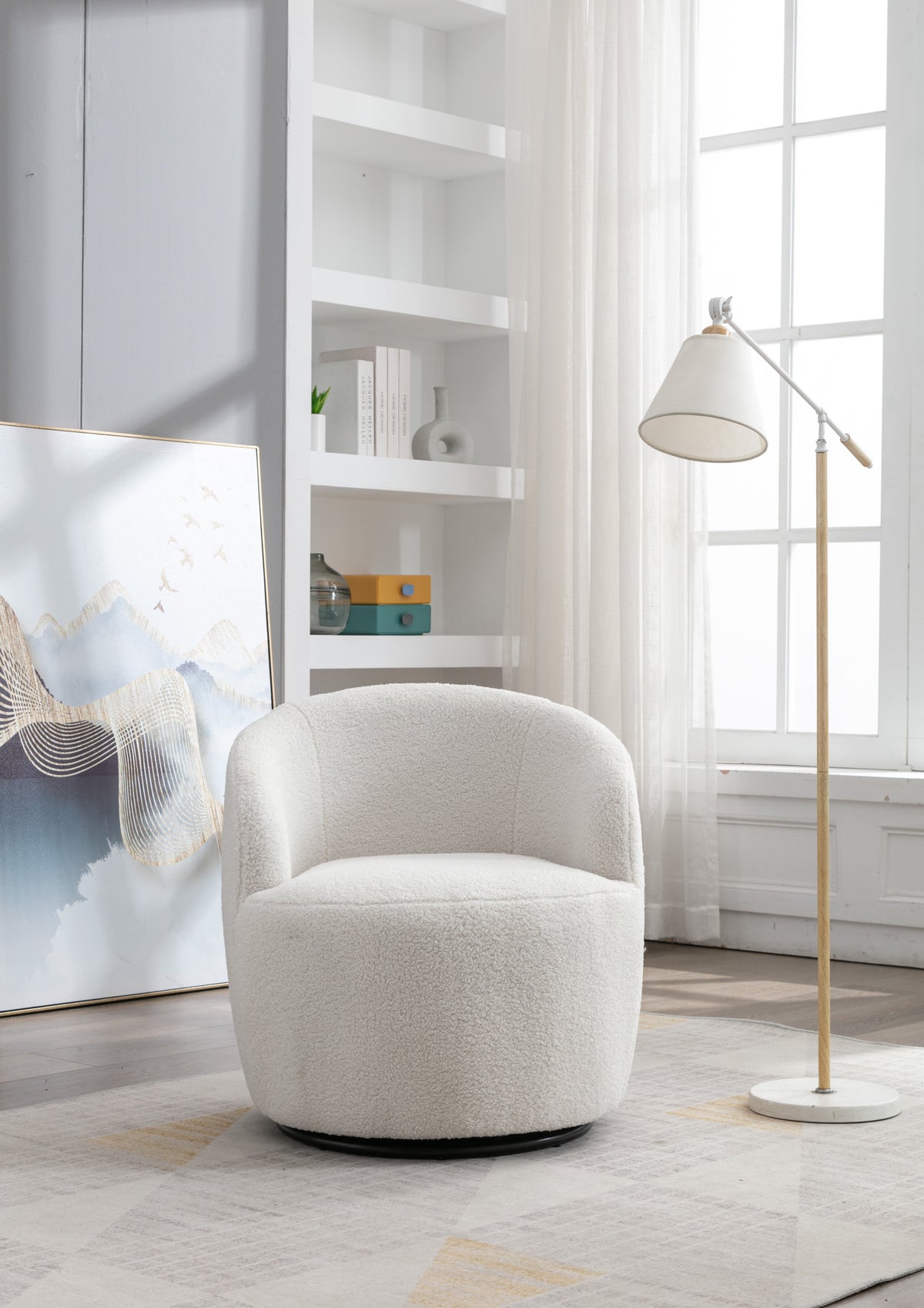 Teddy Fabric Swivel Accent Armchair Barrel Chair With Black Powder Coating Metal Ring Ivory White