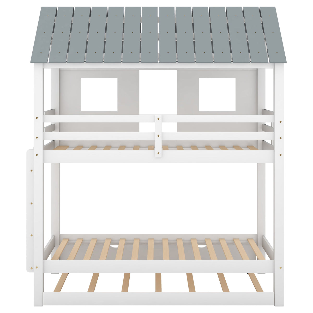 House Bunk Bed with Trundle,Roof and Windows White