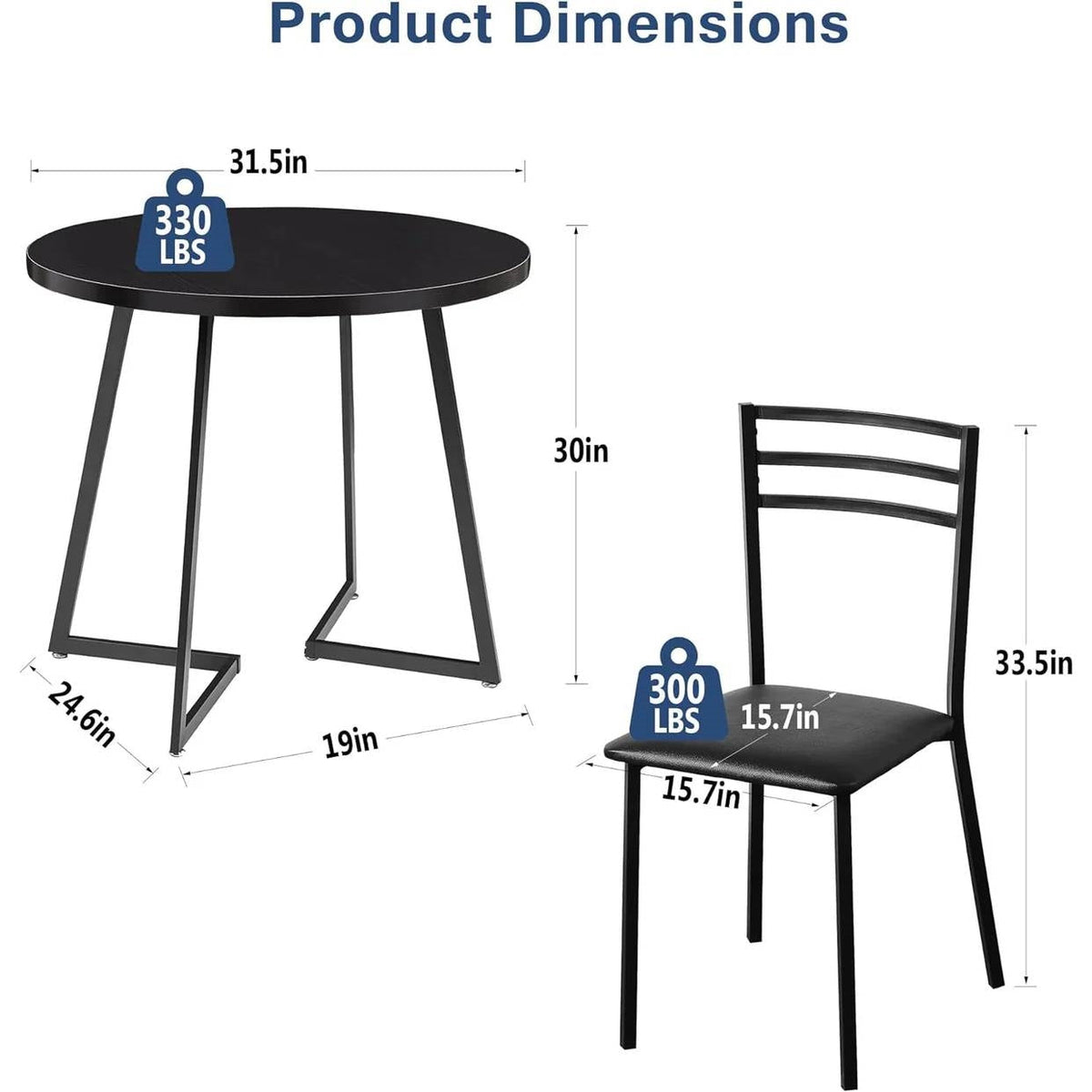 Modern 3-Piece Kitchen Dining Set with Round Black Wood-Top Table and 2 Chairs