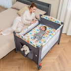 5-in-1 Baby Nursery Center Foldable Toddler Bedside Crib with Music Box-Gray