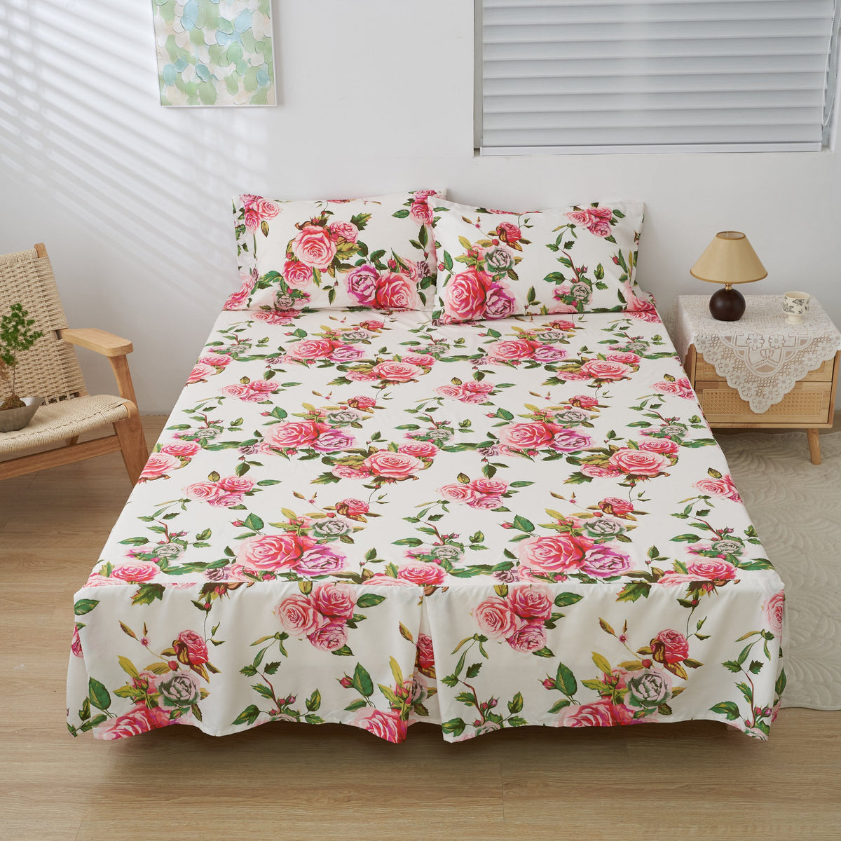 DaDa Bedding Romantic Roses Floral Bed Skirt - Matching Pink & White Ruffled Dust Ruffle for Quilted Coverlet Set - Lightweight & Breathable Polyester Bedskirt