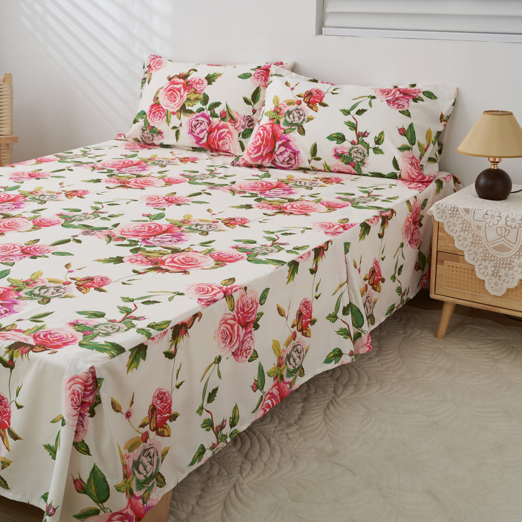 DaDa Bedding Romantic Roses Floral Bed Skirt - Matching Pink & White Ruffled Dust Ruffle for Quilted Coverlet Set - Lightweight & Breathable Polyester Bedskirt