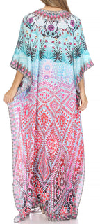 Sakkas Georgettina Flowy Rhinestone V Neck Long Caftan Dress/Cover Up