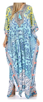 Sakkas Georgettina Flowy Rhinestone V Neck Long Caftan Dress/Cover Up