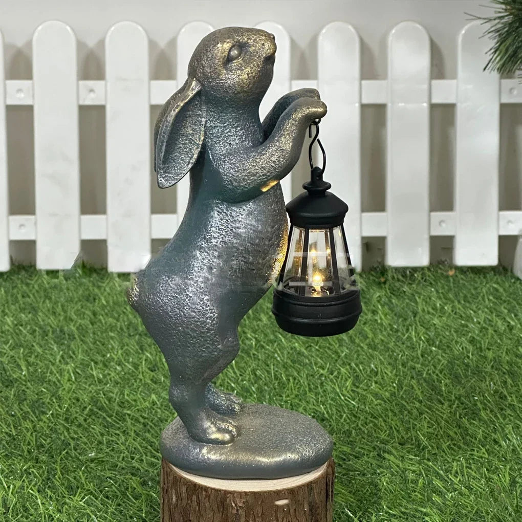 Garden Statues Rabbit with Solar Lantern Outdoor Bunny Figurines Decorations for Patio Yard Lawn Ornaments Gifts