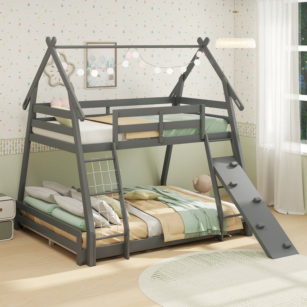 Twin Over Queen Bunk Bed Wooden Kids Bed with Climbing Nets and Ramp-Gray