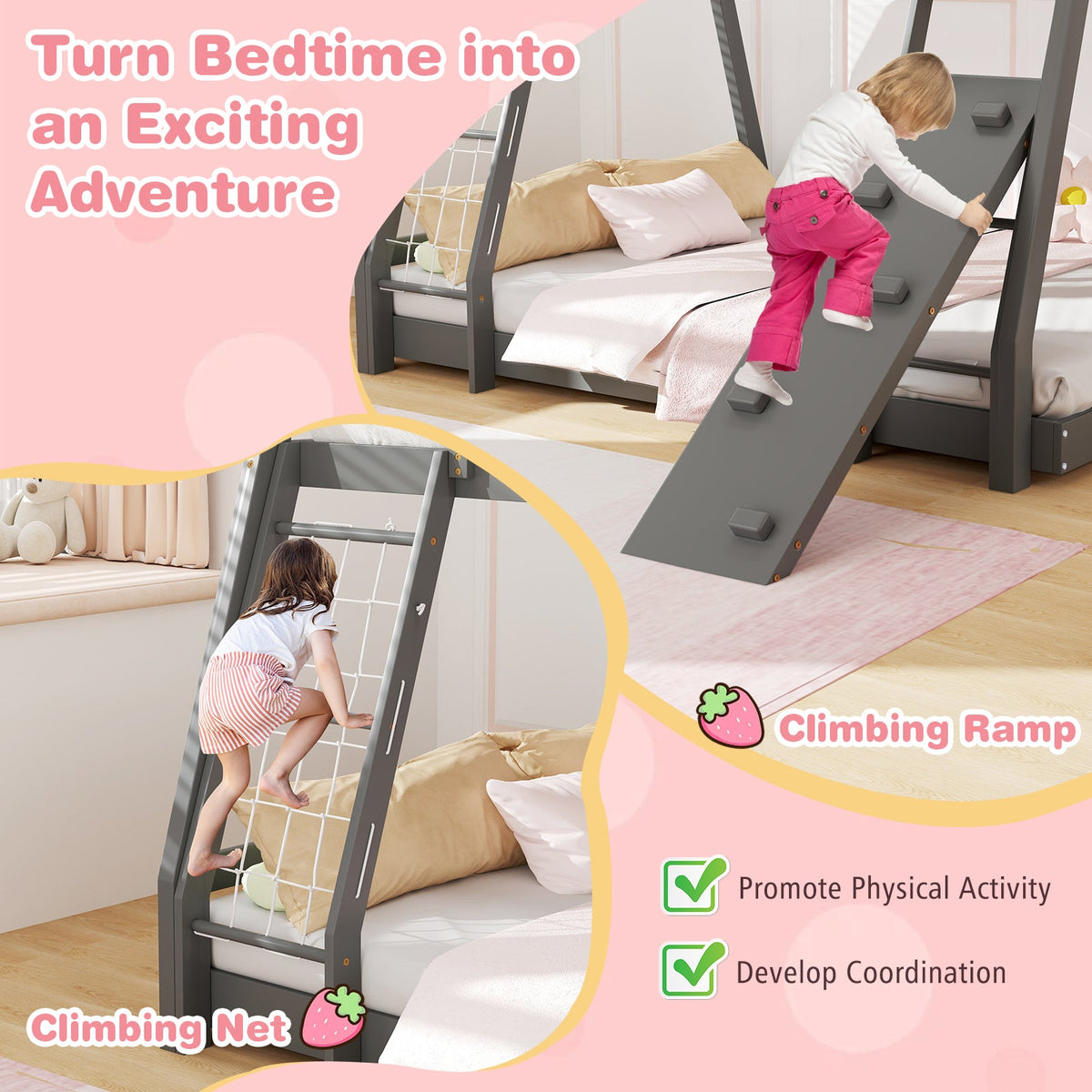 Twin Over Queen Bunk Bed Wooden Kids Bed with Climbing Nets and Ramp-Gray