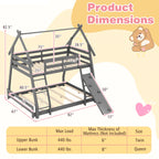 Twin Over Queen Bunk Bed Wooden Kids Bed with Climbing Nets and Ramp-Gray