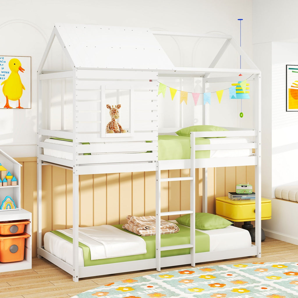 Twin over Twin House Bunk Bed with Roof and Full-length Guardrails-White