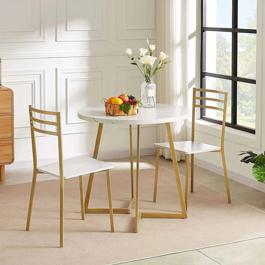 3-Piece Kitchen Dining Set with Round White Faux Marble-Top Table and 2 Chairs