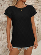 Eyelet Round Neck Double Layered Ruffled Short Sleeve Top