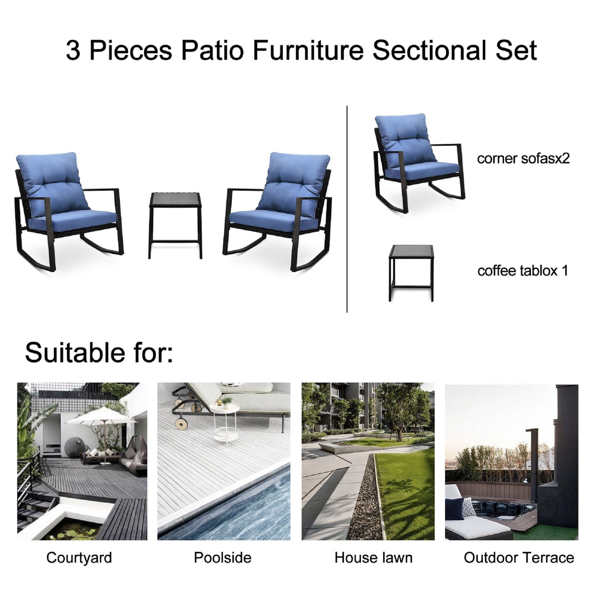 3 Pieces Patio Bistro Set Outdoor Rocking Chair with Blue Cushion for Yard Garden Poolside