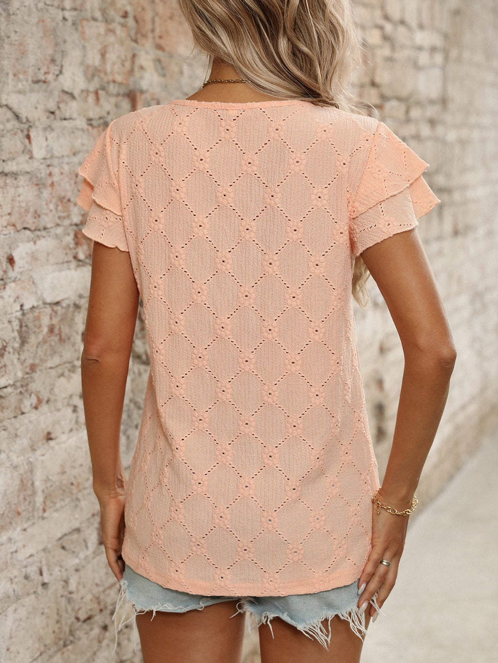 Eyelet Round Neck Double Layered Ruffled Short Sleeve Top