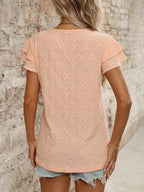 Eyelet Round Neck Double Layered Ruffled Short Sleeve Top