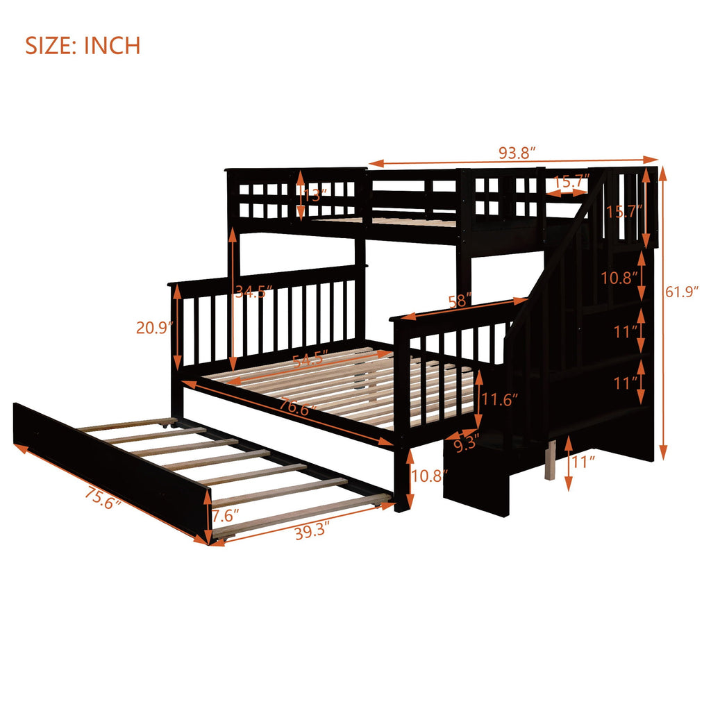 Bunk Bed With Twin Size Trundle, Storage And Guard Rail For Bedroom