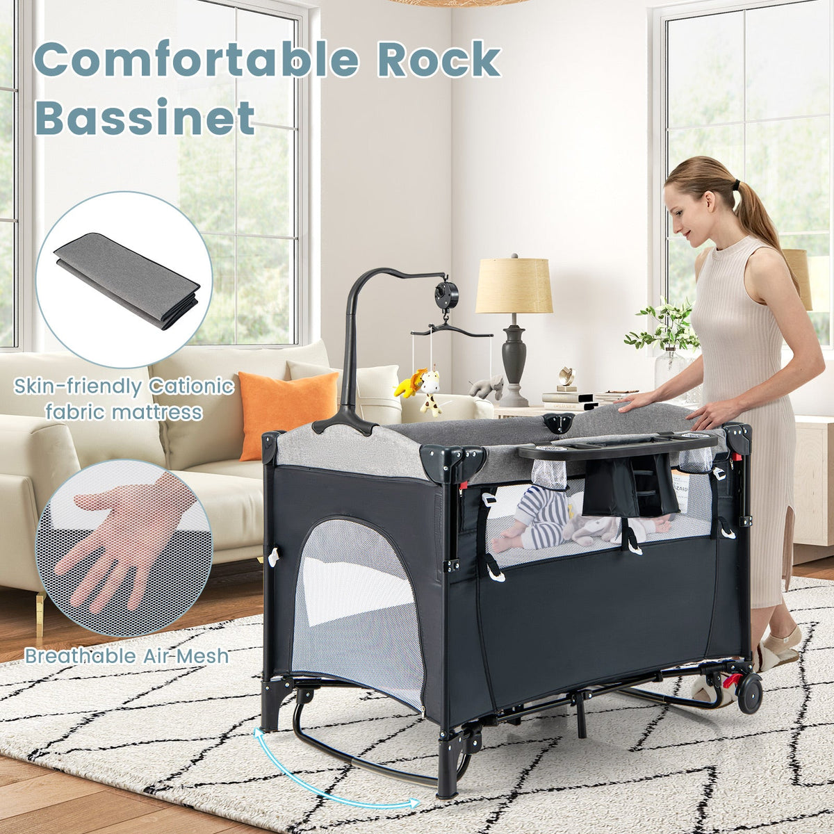 5-in-1 Baby Nursery Center Foldable Toddler Bedside Crib with Music Box-Gray