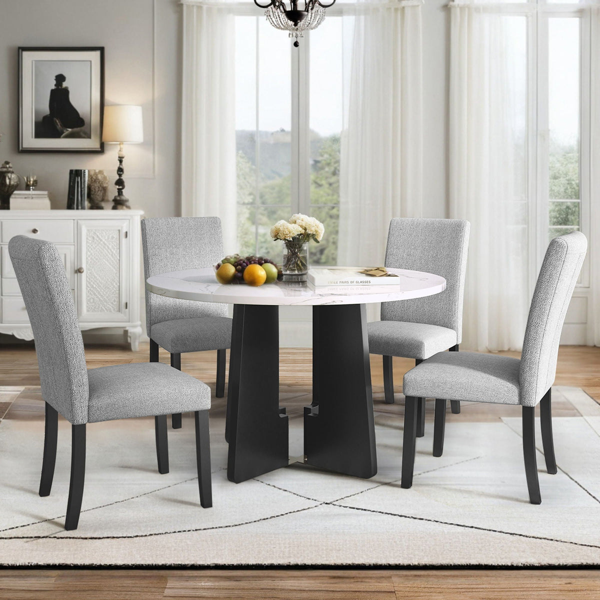 5 Piece Round Dining Table Set, Dining Table And 4 Upholstered Chairs For Dining Room, Kitchen Room, Living Room - White / Gray