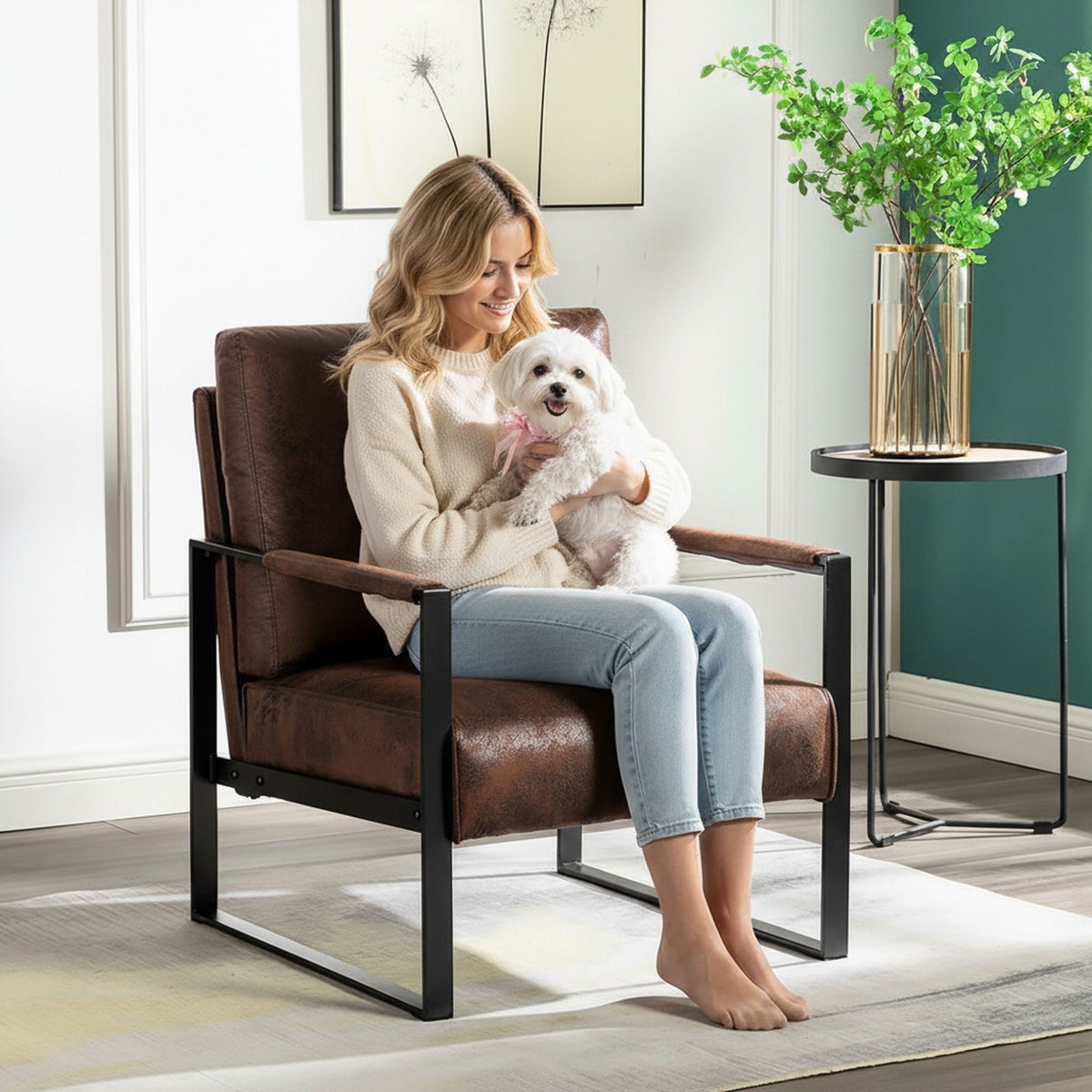Accent Chair With Durable Square Frame, Armchair For Living Room - Brown